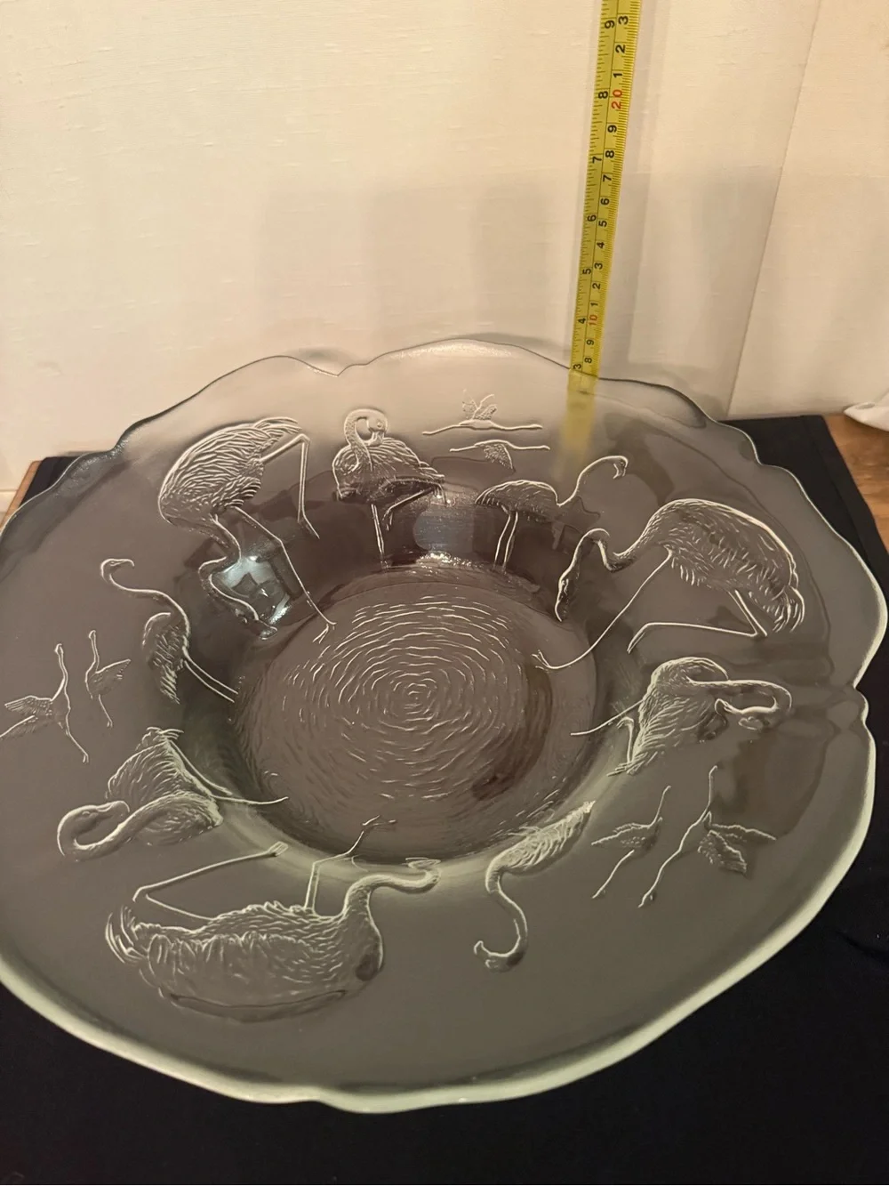 🦩Raised flamingo 🦩 bowl.  French glass 14” scalloped edge.